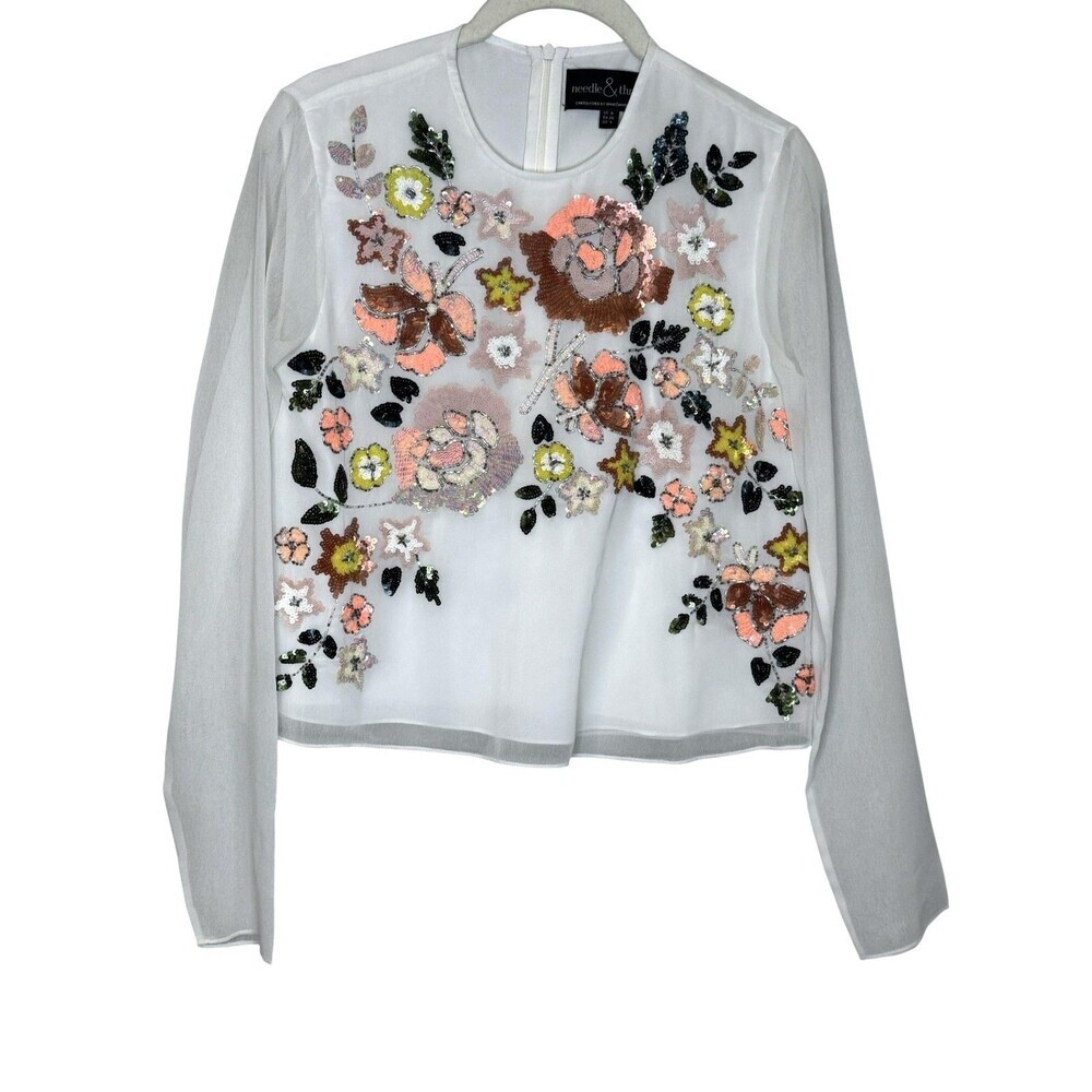 Needle & Thread Trailing Floral Blouse Womens 4 White Sequin Long Sleeve Top